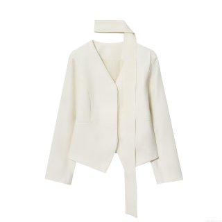 Women's Elegant V Neck Slim Fit Blazer Jacket With Matching Scarf Tie Polyester Spandex Long Sleeve Solid Color Professional Commute Suit Jacket