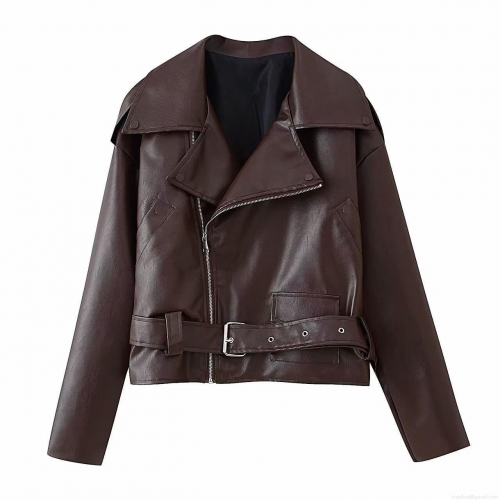 Women's PU Faux Leather Biker Jacket With Belt Long Sleeve Zip Up Casual Motorcycle Short Coat For Autumn Winter Fashion