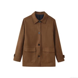 Women's Vintage Suede Jacket Lapel Collar Single Breasted Solid Color Long Sleeve Casual Outerwear Flap Pockets Autumn Winter Women Fashion Brown Coat