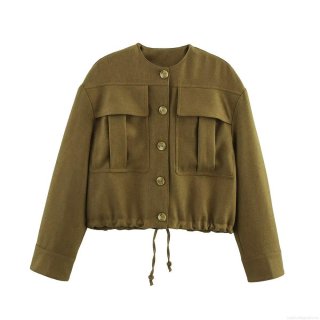 Women's Casual Loose Flight Bomber Jacket 100% Polyester Solid Color Utility Jacket With Drawstring Hem And Large Pockets For Autumn Women Outerwear