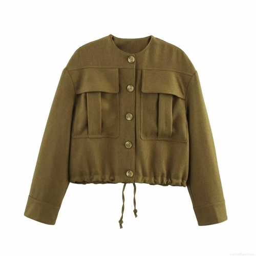 Women's Casual Loose Flight Bomber Jacket 100% Polyester Solid Color Utility Jacket With Drawstring Hem And Large Pockets For Autumn Women Outerwear