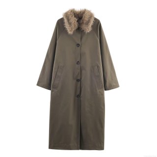 Women's British Style Faux Fur Collar Long Trench Coat Army Green Double-sided Autumn Winter Polyester Spandex Button Outerwear