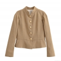 Women Elegant Solid Khaki Short Blazer Jacket With Gold Buttons Peplum Hem Stand Collar Long Sleeve Office Commuter Outwear Polyester Coat