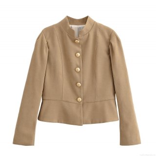 Women Elegant Solid Khaki Short Blazer Jacket With Gold Buttons Peplum Hem Stand Collar Long Sleeve Office Commuter Outwear Polyester Coat