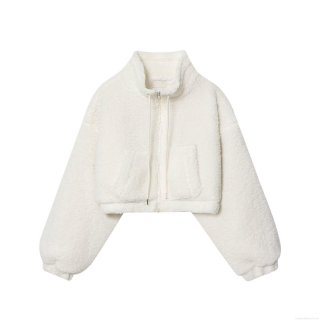 Women's Fashion Solid White Faux Lamb Wool Short Jacket Stand Collar Zipper Fleece Coat Fall Winter Casual Sweet Outwear With Pockets