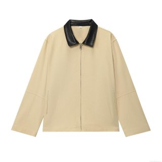 Women's Casual Canvas Jacket With Faux Leather Collar Splicing Contrast Color Zipper Front Long Sleeve Outwear For Autumn Daily Wear Lady