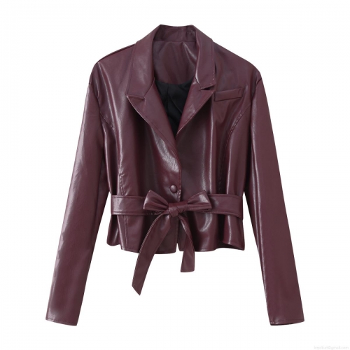 Women PU Synthetic Leather Polyester Jacket Short Slim Waist Belted Lapel Collar Faux Leather Coat Long Sleeve Wine Red Biker Outerwear Ladies Fashion