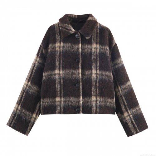 Women's Plaid Woolen Blend Jacket Autumn Fashion Loose Casual Overcoat Single Breasted Lapel Outerwear Coat For Daily Wear Lady