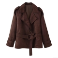 Women's Retro Brown Suede-Like Short Jacket Belted Lapel Long Sleeve Windbreaker Casual Fall Outerwear Solid Color Trench Coat for Women Office Daily Wear