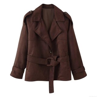 Women's Retro Brown Suede-Like Short Jacket Belted Lapel Long Sleeve Windbreaker Casual Fall Outerwear Solid Color Trench Coat for Women Office Daily Wear