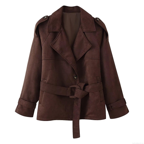 Women's Retro Brown Suede-Like Short Jacket Belted Lapel Long Sleeve Windbreaker Casual Fall Outerwear Solid Color Trench Coat for Women Office Daily Wear