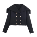 Women's Short Double Breasted Knitted Jacket With Sailor Collar Gold Buttons Casual Solid Color Long Sleeve Outerwear For Ladies