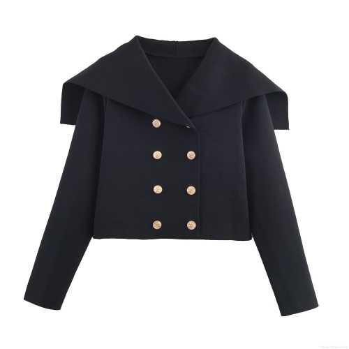 Women's Short Double Breasted Knitted Jacket With Sailor Collar Gold Buttons Casual Solid Color Long Sleeve Outerwear For Ladies