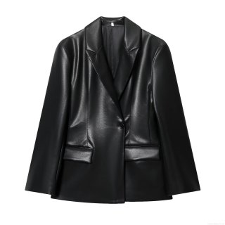 Women's Fashion Slim Fit PU Faux Leather Blazer Jacket Long Sleeve Solid Color Lapel Suit Coat For Office Autumn Casual Elegant Single Button Streetwear Outwear