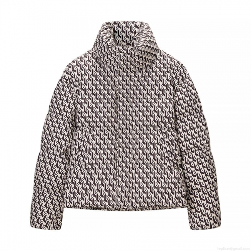 Women's Fashion Casual Geometric Pattern Padded Jacket Winter Short Stand Collar Cotton Blend Quilted Coat Warm Outerwear Long Sleeve Puffer Jacket