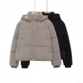 Women's Casual Hooded Puffer Jacket Solid Color 100% Polyester Windproof Thickened Winter Warm Cotton-Padded Coat With Stand Collar Snaps And Zipper Closure Women's Outerwear