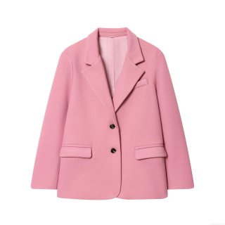Women's Elegant Pink Mid-length Blazer Coat Single Breasted Polyester Woolen Look Suit Jacket For Casual Office Lady Solid Color Outerwear