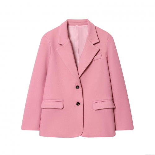 Women's Elegant Pink Mid-length Blazer Coat Single Breasted Polyester Woolen Look Suit Jacket For Casual Office Lady Solid Color Outerwear