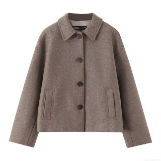 Women Fashion Camel Polyester Wool Like Short Coat Single Breasted Notch Lapel Loose Fit Solid Color Casual Autumn Winter Outerwear Jacket