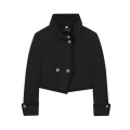 Women's Short Blazer Jacket 100% Polyester Stand Collar Gold Buttons French Retro Style Elegant Outerwear For Work Daily Casual