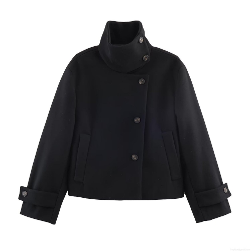 Women's Stand Collar Short Woolen Coat Casual Solid Color Long Sleeve Jacket Elegant Fashion Outerwear For Ladies Winter Autumn Daily Wear