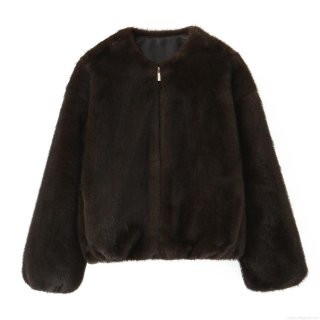 Women's Faux Fur Jacket Autumn Winter Warm Round Neck Zipper Coat Casual Short Plush Outwear Solid Color Coffee Long Sleeve Fashionable Jacket For Women