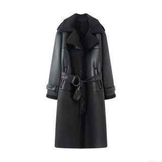 Women Faux Shearling PU Leather Long Coat With Belt Lapel Collar Warm Thick Winter Autumn Solid Color Commuter Jacket Outwear