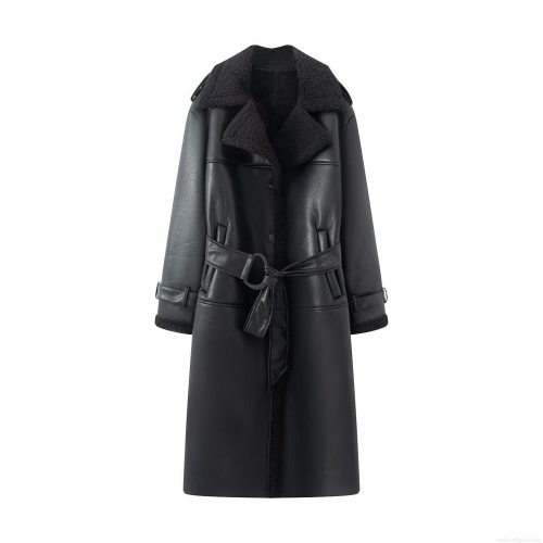 Women Faux Shearling PU Leather Long Coat With Belt Lapel Collar Warm Thick Winter Autumn Solid Color Commuter Jacket Outwear