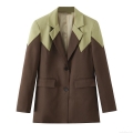 Women's Color-Block Blazer Jacket Notch Lapel Long Sleeve Single Breasted Suit Coat For Office Commuter Elegant Lady Polyester Viscose Blend Patchwork Outerwear Brown Olive Green