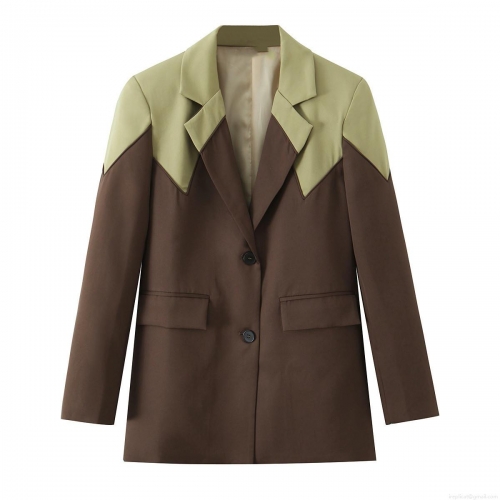 Women's Color-Block Blazer Jacket Notch Lapel Long Sleeve Single Breasted Suit Coat For Office Commuter Elegant Lady Polyester Viscose Blend Patchwork Outerwear Brown Olive Green