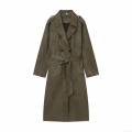 Women's Long Trench Coat Suede Effect Double Breasted Belted Autumn Winter Overcoat Solid Color Turn-down Collar Windbreaker Jacket For Ladies Office