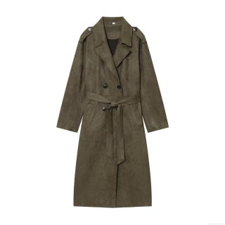 Women's Long Trench Coat Suede Effect Double Breasted Belted Autumn Winter Overcoat Solid Color Turn-down Collar Windbreaker Jacket For Ladies Office
