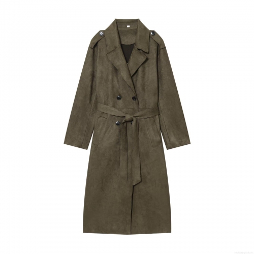 Women's Long Trench Coat Suede Effect Double Breasted Belted Autumn Winter Overcoat Solid Color Turn-down Collar Windbreaker Jacket For Ladies Office
