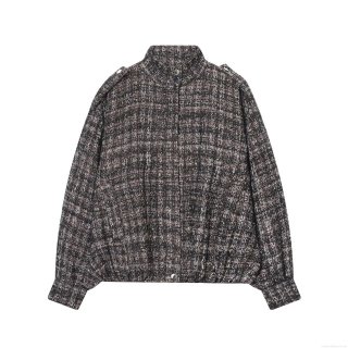 Women's Tweed Bomber Jacket Metallic Thread Zip Up Stand Collar Loose Fit Casual Outerwear Winter Coat Grey Long Sleeve Pockets Fashion Streetwear For Women