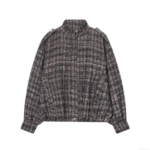 Women's Tweed Bomber Jacket Metallic Thread Zip Up Stand Collar Loose Fit Casual Outerwear Winter Coat Grey Long Sleeve Pockets Fashion Streetwear For Women