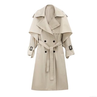 Women Trench Coat 100% Polyester Woven Double Breasted Large Lapel With Belt Long Windproof Overcoat British Style Office Commute Outerwear