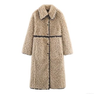 Women's Winter Faux Shearling Long Coat Thick Warm Lapel Collar With Leather Piping Detail Loose Casual Solid Color Camel Plush Overcoat For Ladies