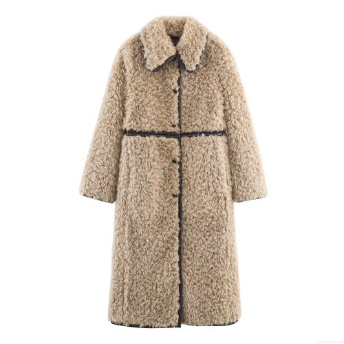 Women's Winter Faux Shearling Long Coat Thick Warm Lapel Collar With Leather Piping Detail Loose Casual Solid Color Camel Plush Overcoat For Ladies