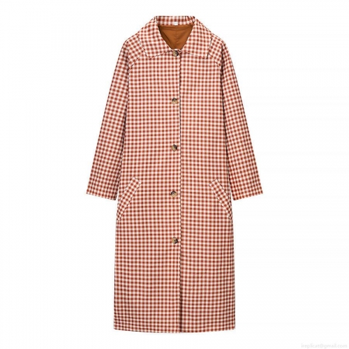Women's British Style Long Plaid Trench Coat Classic Lapel Single Breasted Orange Red Checkered Outerwear Jacket for Winter Autumn Women Clothing