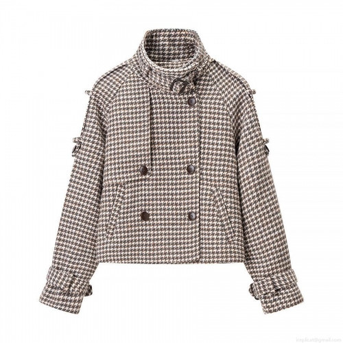 Women's Houndstooth Woolen Blend Short Coat Double Breasted Stand Collar Jacket Elegant Vintage Commuting Outerwear Camel Brown Warm Winter Apparel