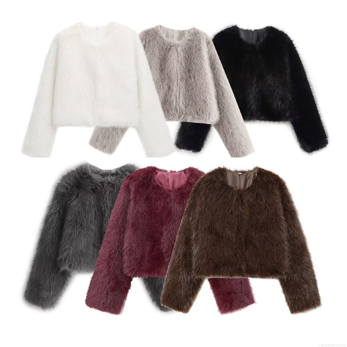 Women Fashion Faux Fur Jacket Short Round Neck Long Sleeve Warm Plush Coat Winter Casual Solid Color Minimalist Soft Outerwear Crop Top Jacket