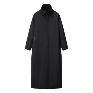 Women's Long Trench Coat Elegant High Neck Leather Buckle Splicing Oversized Windbreaker British Style Solid Color Outerwear For Autumn Winter