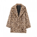 Women's Leopard Print Faux Fur Coat Winter Warm Polyester Plush Jacket With Large Lapel Long Sleeve Casual Mid-length Outerwear For Ladies Fashion