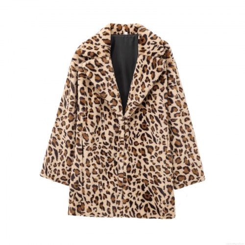 Women's Leopard Print Faux Fur Coat Winter Warm Polyester Plush Jacket With Large Lapel Long Sleeve Casual Mid-length Outerwear For Ladies Fashion