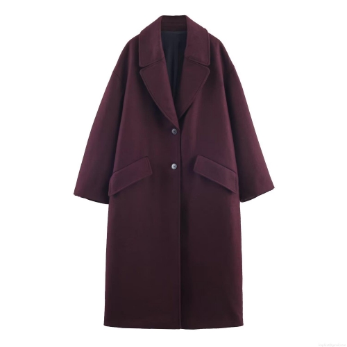 Women's Casual Long Woolen Coat Elegant Lapel Single Breasted Burgundy Jacket Winter Oversized Solid Color Outerwear with Pockets