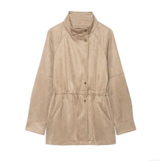 Women Fashion Faux Suede Mid-Length Jacket Stand Collar Drawstring Waist Slimming Coat Casual Loose Long Sleeve Khaki Solid Color Outerwear For Women Winter