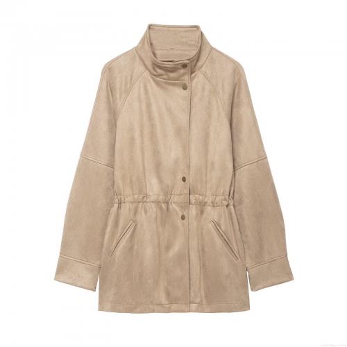 Women Fashion Faux Suede Mid-Length Jacket Stand Collar Drawstring Waist Slimming Coat Casual Loose Long Sleeve Khaki Solid Color Outerwear For Women Winter