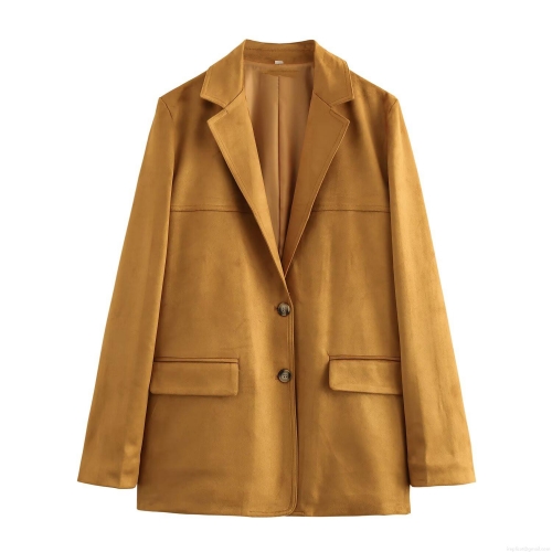Women's Elegant Faux Suede Blazer Jacket Loose Fit Casual Long Sleeve Solid Color Suit Coat With Pockets For Office Commute Autumn Winter Women Outwear
