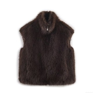 Women's Fashion Faux Fur Vest Winter Warm Stand Collar Metal Zip Up Solid Coffee Brown Sleeveless Waistcoat Casual Thick Outerwear Jacket For Women