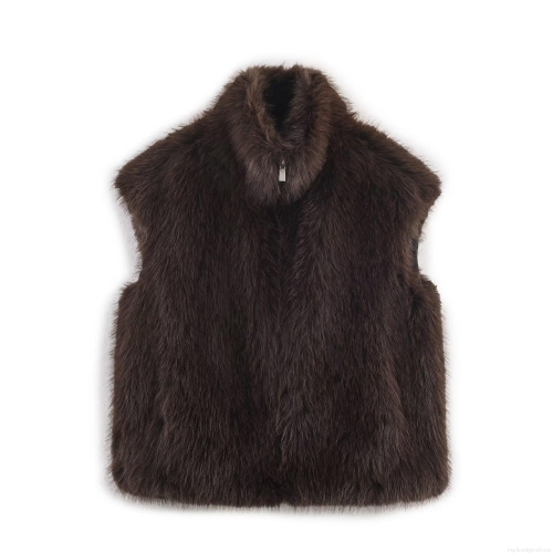 Women's Fashion Faux Fur Vest Winter Warm Stand Collar Metal Zip Up Solid Coffee Brown Sleeveless Waistcoat Casual Thick Outerwear Jacket For Women
